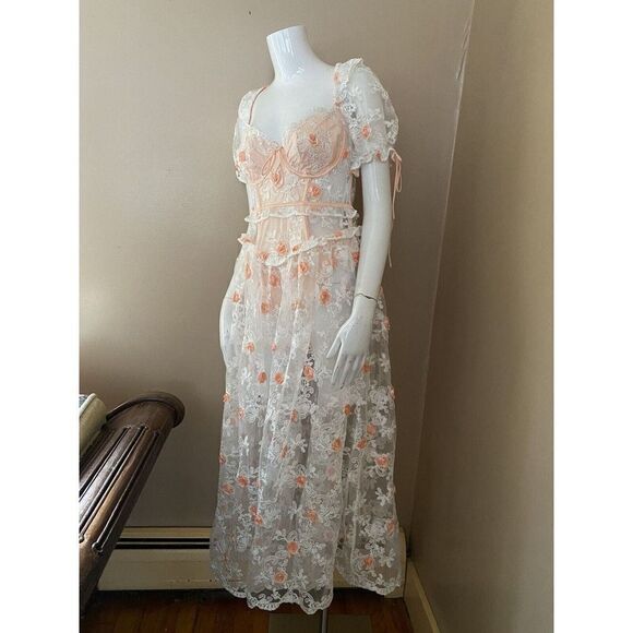 For Love and Lemons Tessa White Floral Appliqué Embroidered Midi Dress Sz M $369 - Picture 9 of 16